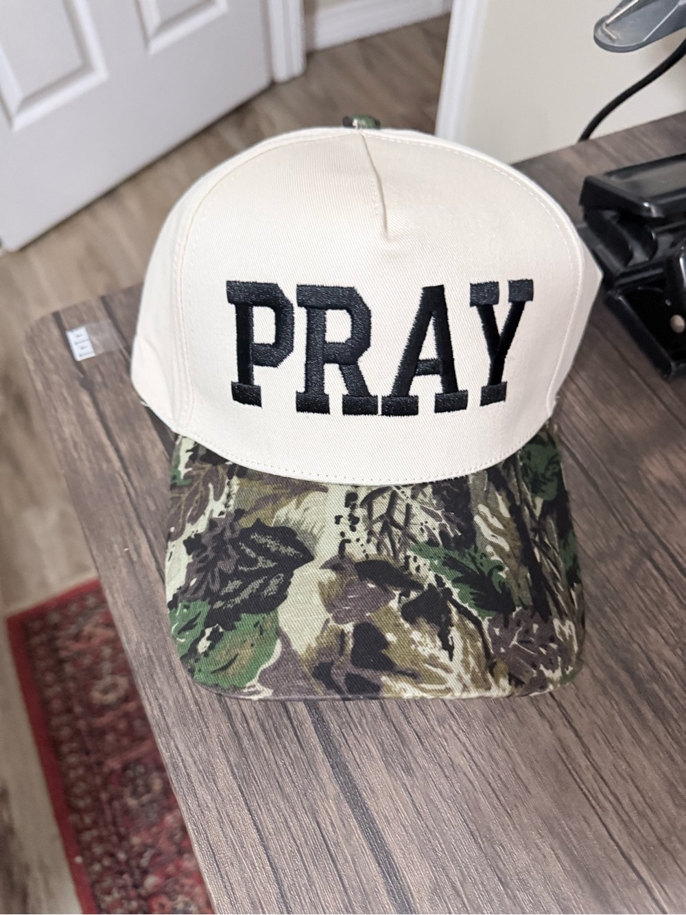 PRAY Embroidered Cream & Camo Baseball Cap